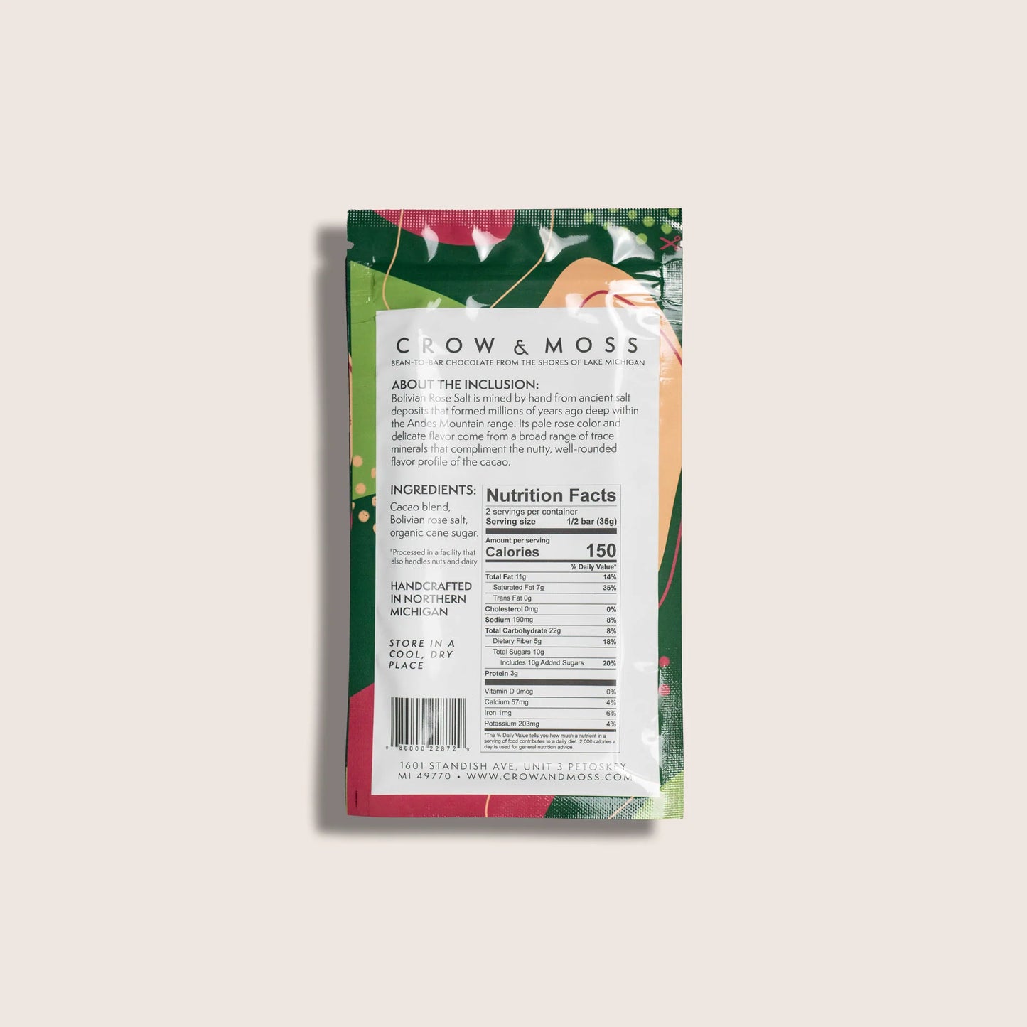 Crow & Moss Bolivia Rose Salt Chocolate Bar, 70g/2.5oz
